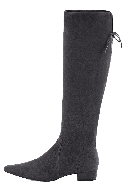 Dark grey women's knee-high boots, with laces at the back. Tapered toe. Low block heels. Made to measure. Profile view - Florence KOOIJMAN